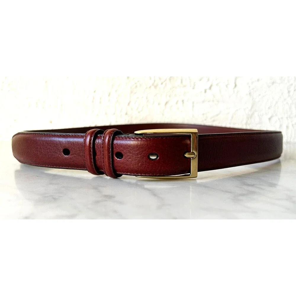 Brown Italian Leather Belt Brass Buckle 2 Keepers - Men's Size 42